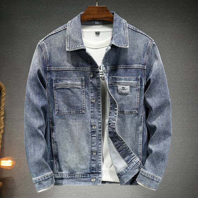 Spring and Autumn Retro Denim Jacket Men's Elastic Slim Washed Simple ...