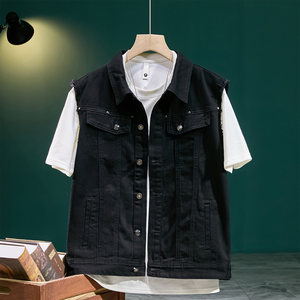High-end trendy brand retro washing denim vest men's spring and autumn loose sleeveless casual vest vest lapel jacket