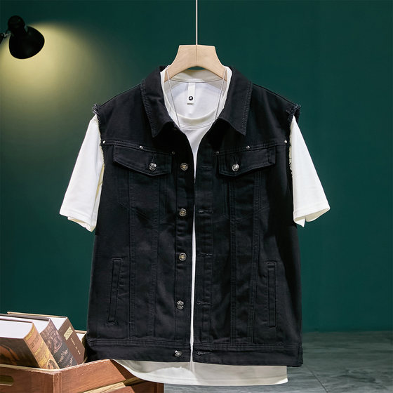 High-end trendy brand retro washing denim vest men's spring and autumn loose sleeveless casual vest vest lapel jacket