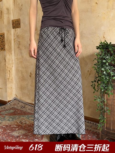 
0520 summer plaid drawstring long skirt straight slim plaid skirt is rich F0317