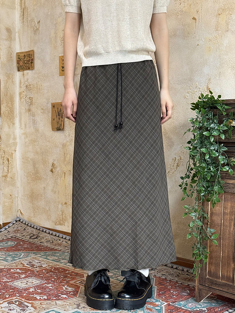 
0520 summer plaid drawstring long skirt straight slim plaid skirt is rich F0317