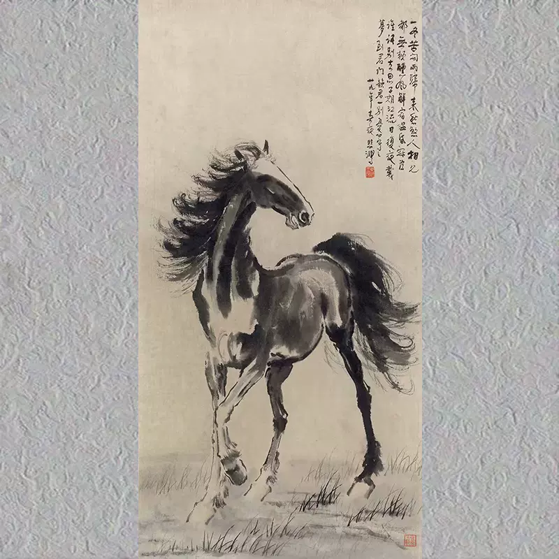 徐悲鸿骏马画奔马水墨国画双骏图客厅玄关书房办公室动物装饰挂画-Taobao