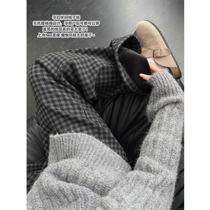 孕妇裤子冬季加绒黑灰毛呢格子休闲裤宽松显瘦无托腹垂感阔腿长裤