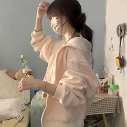 Pink Striped Thin Hooded Zip-Up Sweatshirt for Women, Early Autumn 2025 New Style, Spring and Autumn Korean Style Lazy Cardigan Jacket