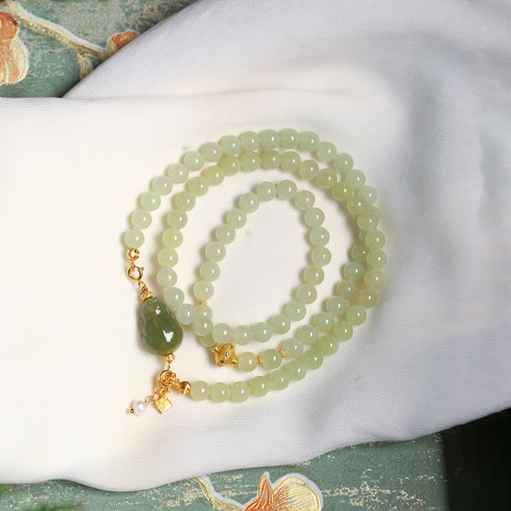 
Natural Hetian jade yellow mouth round beads original matching three-circle bracelet women's jade bracelet jewelry gift