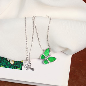 
Natural Burmese material A grade jadeite spicy green sterling silver inlaid butterfly pendant clavicle chain women's jadeite jewelry