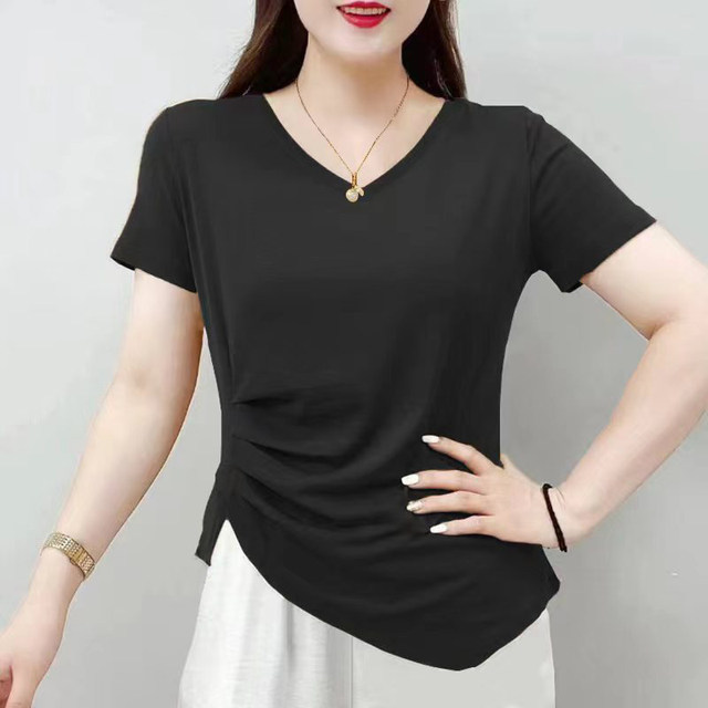 Large size summer short-sleeved T-shirt for women 2024 new irregular ...