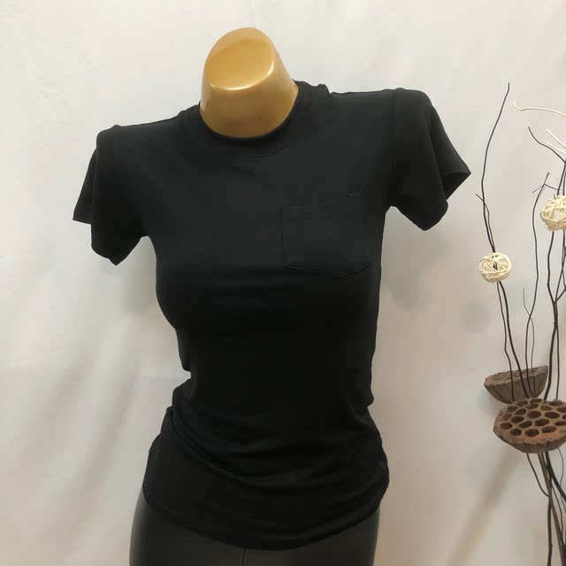 South Korean INS women's sweet honey retro dark red pocket sexy basic model short -sleeved T -shirt 2019 new model