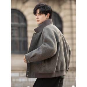 
Stand collar woolen coat men's 2025 new double-sided woolen woolen coat short loose zipper jacket top