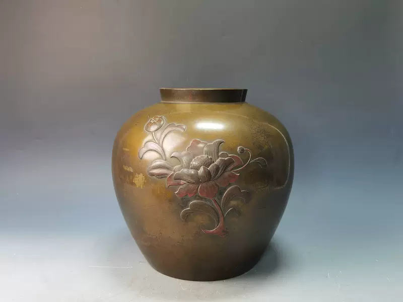 日本铜器美好作鋳銅高浮雕牡丹花入花瓶花器老物件复古家居摆件-Taobao