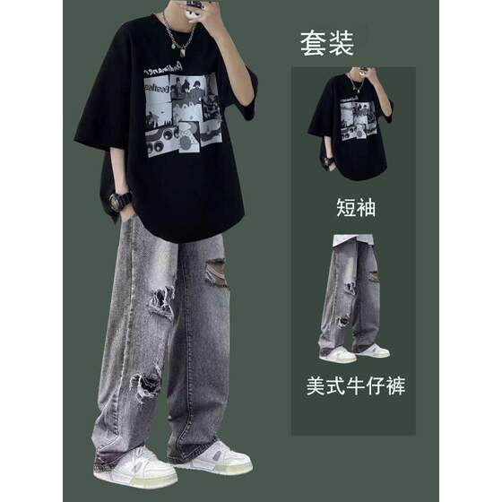 
Short-sleeved T-shirt men's summer fashion casual suit jeans loose men's clothing one set with a handsome two-piece set