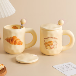 Cute Milk Fufu Cup Bread Mug with Lid and Spoon ins Style for Girls Ceramic Coffee Breakfast Cup for Office