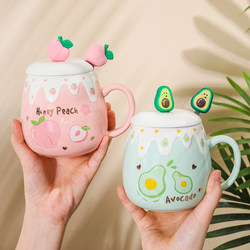 Cute Cartoon Ceramic Water Cup for Women with Lid and Spoon, Large Capacity, High Aesthetic Value, Coffee Mug, Household Couple Cup