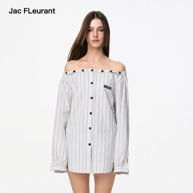 JAC FLEURANT2025 Spring and Summer New Style Shirt Women's Long Sleeve Striped Loose White One-Shoulder Waist Shirt
