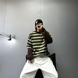 
Vintage American trendy brand heavyweight T-striped T-shirt men's oversize profile fake two-piece loose expanded long-sleeved T-shirt
