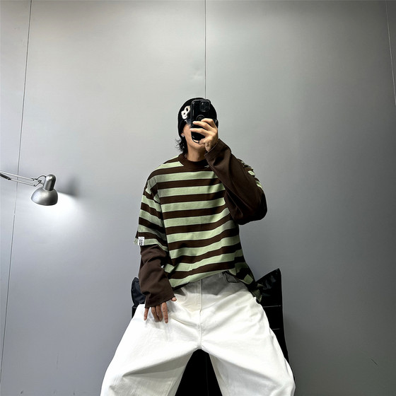 
Vintage American trendy brand heavyweight T-striped T-shirt men's oversize profile fake two-piece loose expanded long-sleeved T-shirt