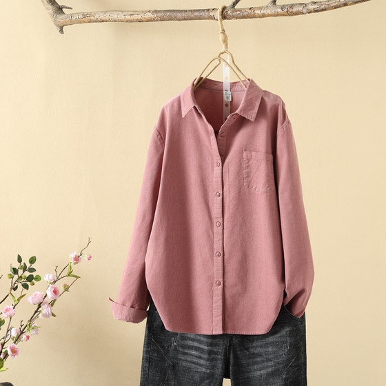 
Autumn new retro literary cotton long-sleeved shirt women's loose casual corduroy top square collar fashionable shirt