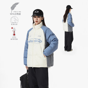 
American casual letter print contrast color down jacket for men and women winter stand collar warm jacket trendy