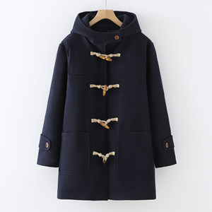 
JK Uniform Jacket Women's Winter Small College Style Thickened Mid-Length Horn Button Woolen Coat Women's Hooded