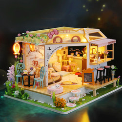 Leisure Cat Cafe Backyard Hongda DIY Creative Handmade Small House Wooden House with Lights Birthday Gift 3D Model