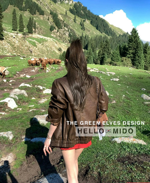 Retro coffee color leather jacket outer set female 2024 new autumn