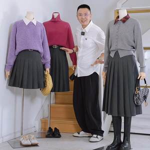 
Jevika classic silhouette wool pleated skirt new winter versatile gray A-line skirt mid-length artistic skirt