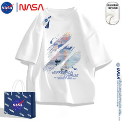 Nasa Co-Branded Oil Painting Print T-Shirt for Men and Women, Summer Trendy Brand, Loose Fit, Youth Pure Cotton, American Graffiti Style Short Sleeve