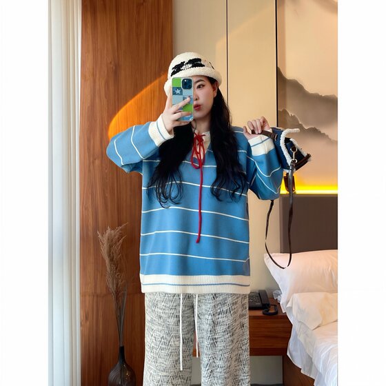 Fanduo large size women's autumn and winter new style fat MM contrasting color loose knitted sweater lazy style lace-up top 16174Y