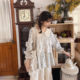 Hot Saysen Women's Simple Blue Floral Cotton and Lines Doll Collar Shirt on the chest Lace 7-quarter sleeves loose and age-reducing