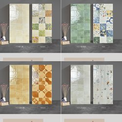 Pearl Glaze Colorful Checkered Kitchen and Bathroom Wall Tiles, Glossy Antique-Style Tiles, European-Style Pastoral Tiles, Black, White, Green