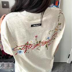 American-Style High Street Letter Embroidery Regular Shoulder T-Shirt for Women, Summer Short-Sleeve Loose Gray Couple Style Trendy Brand Pure Cotton Top