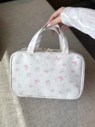 【00 Duck Duck】Leather Style Three-Layer Portable Makeup Bag White Floral Makeup Storage Bag for Women