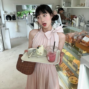 honeyrubao Sunday pink bow embroidered hook high waist wood ear ear sweet dress
