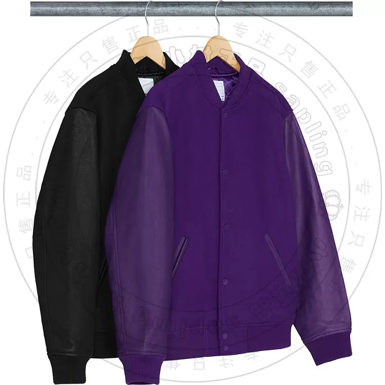 小树正品18FW Supreme Motion Logo Varsity Jacket 幻影皮袖夹克-Taobao
