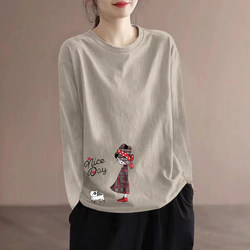 Foreign Trade Brand Discount Store Women's Pure Cotton Round Neck Long-Sleeved T-Shirt Women's Autumn New Slim-Fit Pullover Printed Base Shirt