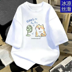 Round Neck Simple Style Cartoon Cute Cat Print Short-Sleeved T-Shirt for Men and Women, Loose Trendy Brand Top, White