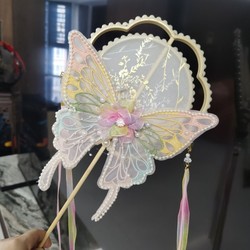 Butterfly Round Fan, Ancient Style Long-Handled Hanfu Accessory for Dancing and Photography, Palace Fan, Cloud-Breaking Fan, Dance Prop Fan