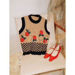 Moss Ye velvet + 1OO% cashmere retro rose jacquard brown cashmere vest sweater