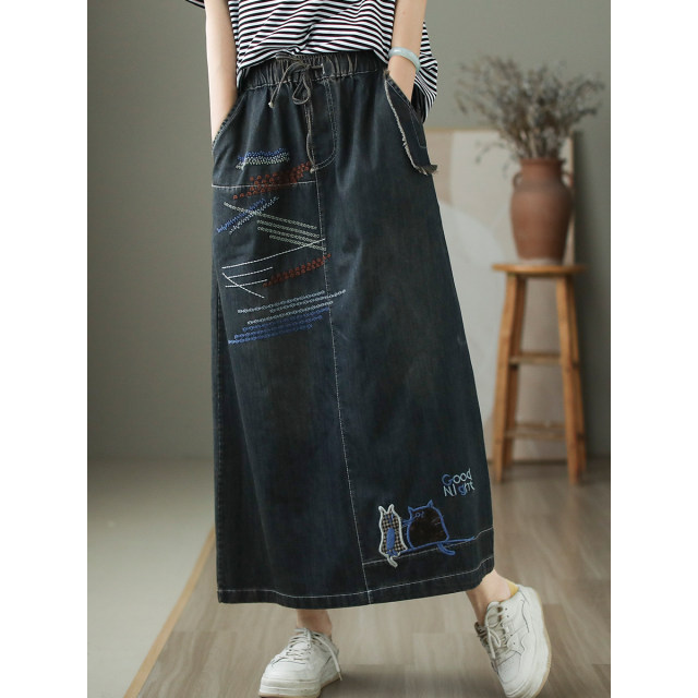 Dele original innovative literary design narrow version denim skirt for women's retro lace-up slim mid-length A-line skirt