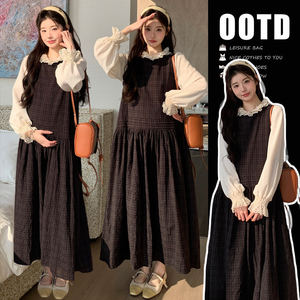 
Maternity dress spring 2026 new pregnancy wear fungus collar top plaid vest skirt spring and autumn suit