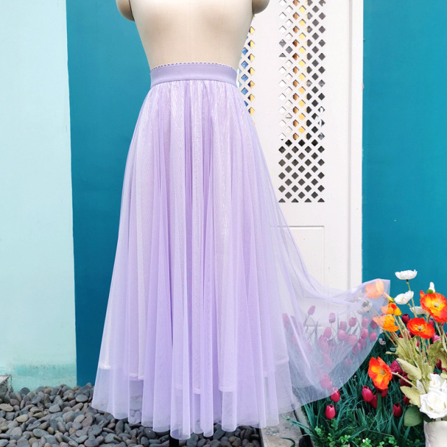 Taro Purple Skirt Fairy Girl Sweet A-line High Waist Taro Purple Mesh Sequin Long Skirt Slimming Draping Gauze Skirt
