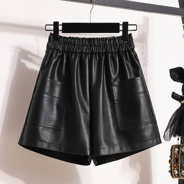 Leather shorts for women 2024 spring and winter new style a-line wide-leg pants casual slimming loose versatile elastic waist PU leather pants