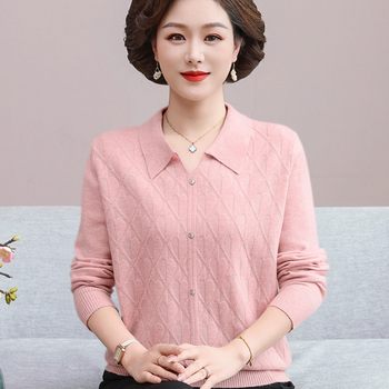 
Fuyu's mother's autumn clothes fashionable lapel knitted T-shirt