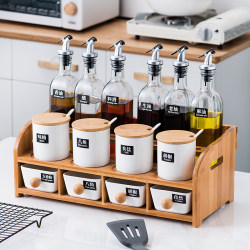 Black Wooden Rack Kitchen Seasoning Storage Box Set for Oil, Salt, Sauce, and Vinegar, Complete Household Seasoning Box Set