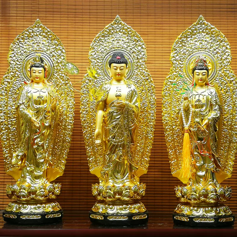 貼金西方三聖樹脂佛像全金阿彌陀佛佛像南海觀音菩薩站像家用供奉-Taobao