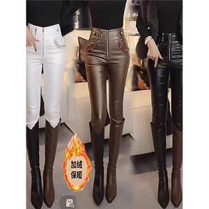 
European high-waist plus velvet belt diamond leather pants for women 2025 new winter outer wear Korean version slim elastic pencil pants with small feet