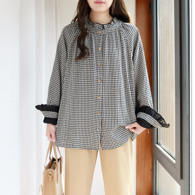 Large size plaid shirt for women, fat mm soft cotton spring clothes, literary black ears, stand collar, loose fat girl long-sleeved shirt