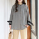 Large size plaid shirt for women, fat mm soft cotton spring clothes, literary black ears, stand collar, loose fat girl long-sleeved shirt