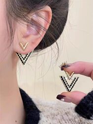 Light Luxury and High-End Full Diamond Letter V Earrings for Women, 925 Silver Needle, Versatile and Stylish, Two-Way Wear, Unique Internet Celebrity Earrings