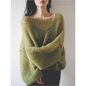 
Hollow sweater for women with one-length neck high-end mohair green fashionable early autumn hot pure hand-woven top